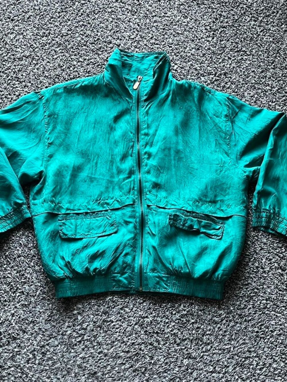 Fuda Intl Green Teal 100% Silk Bomber Jacket Wmn Med Spring Dainty Work Full Zip